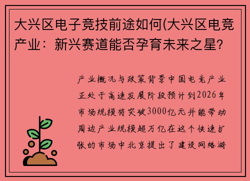 大兴区电子竞技前途如何(大兴区电竞产业：新兴赛道能否孕育未来之星？)