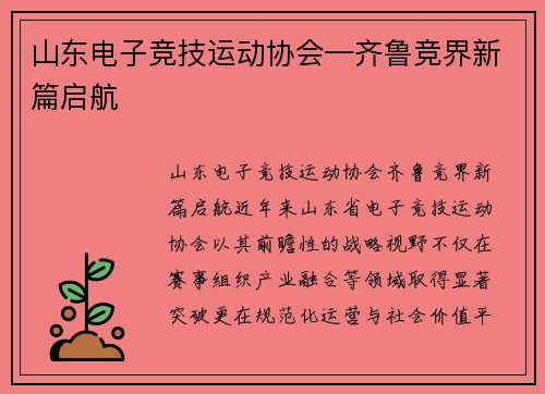 山东电子竞技运动协会—齐鲁竞界新篇启航